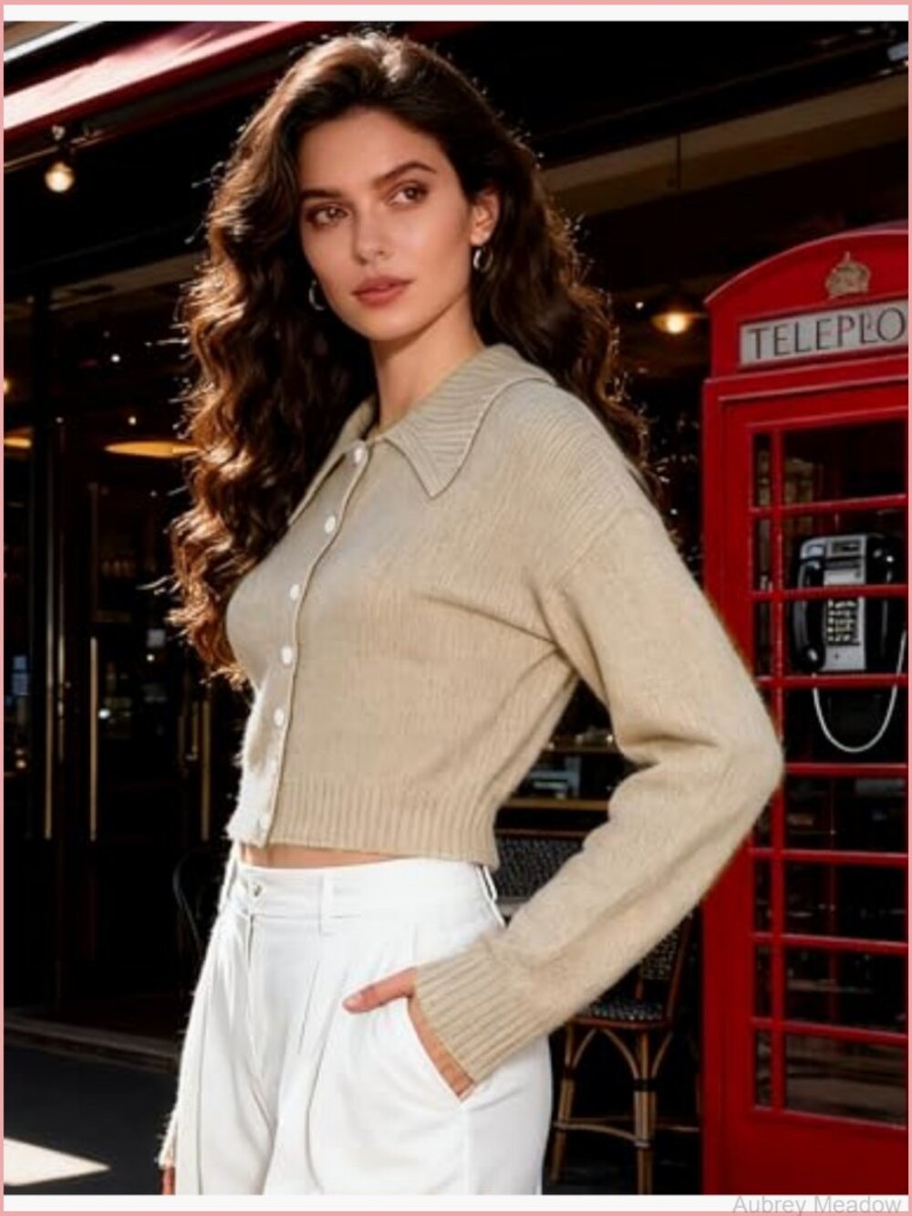 Cropped Collared Knit Cardigan Button Front Long Sleeve - Picture 4 of 7